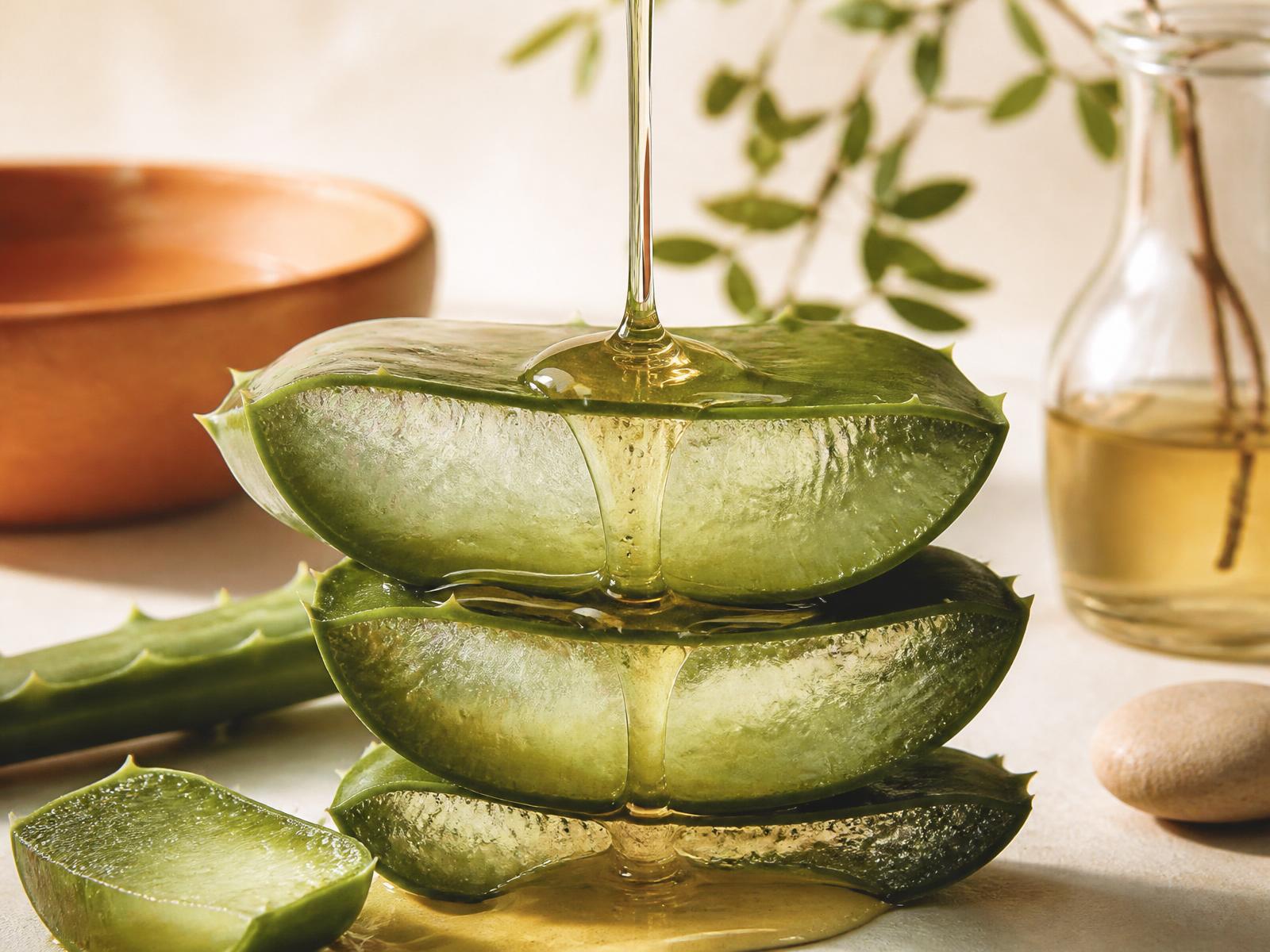 Huile végétale versée sur une feuille d'aloe vera fraîche